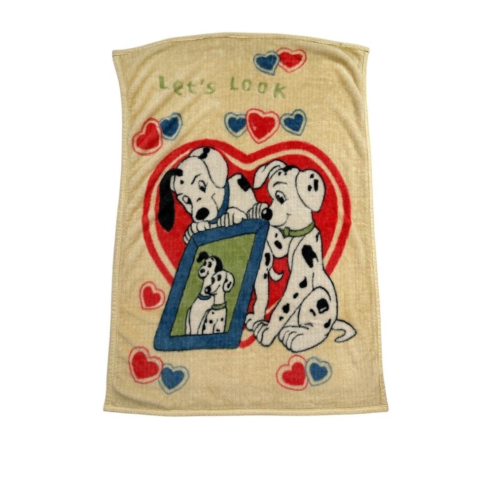 Northpoint Disney Vtg 101 Dalmatians Dog Heart Cream Red Blue Yellow Blanket